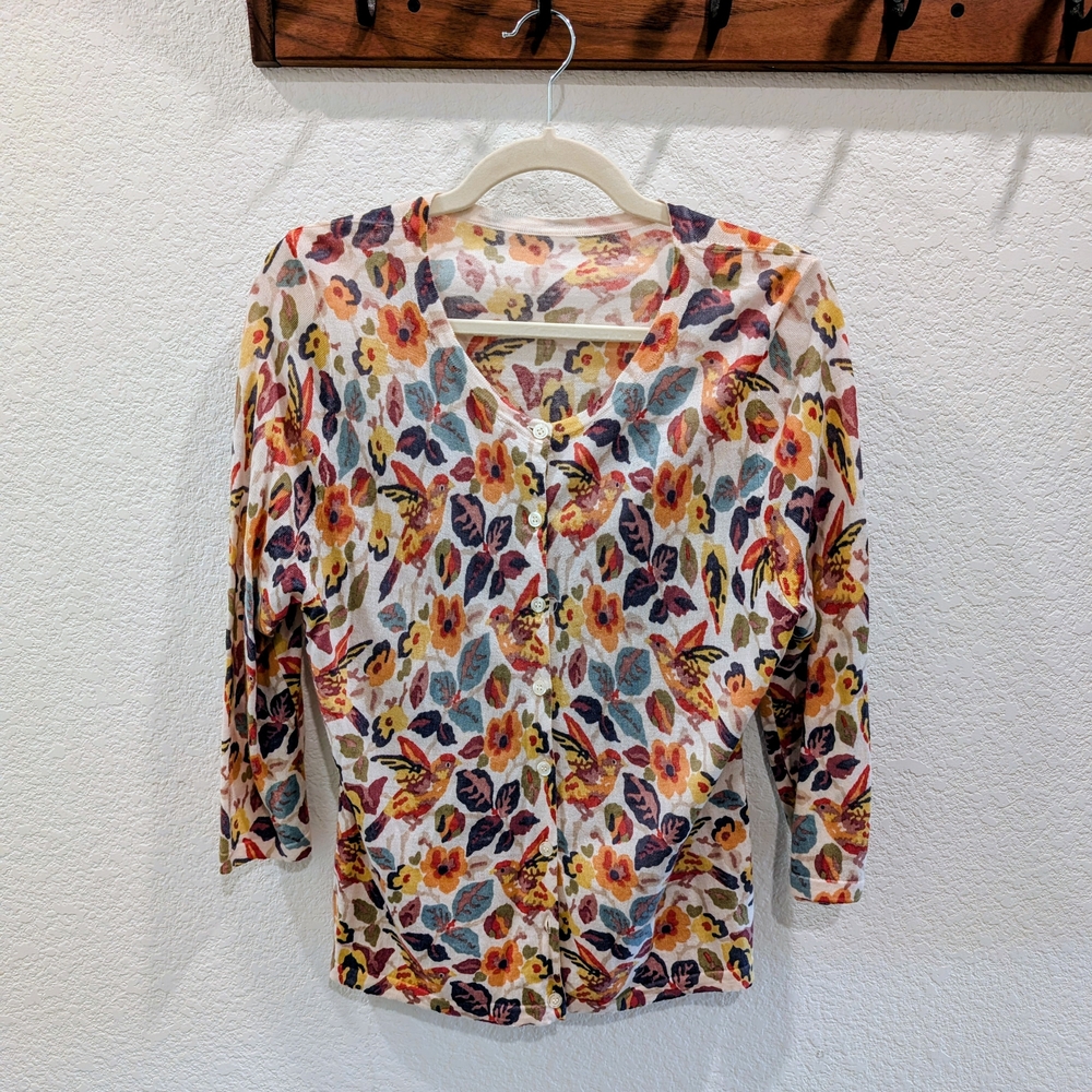 Garnet Hill Merino Wool Multicolor Floral 3/4 Sleeve Cardigan